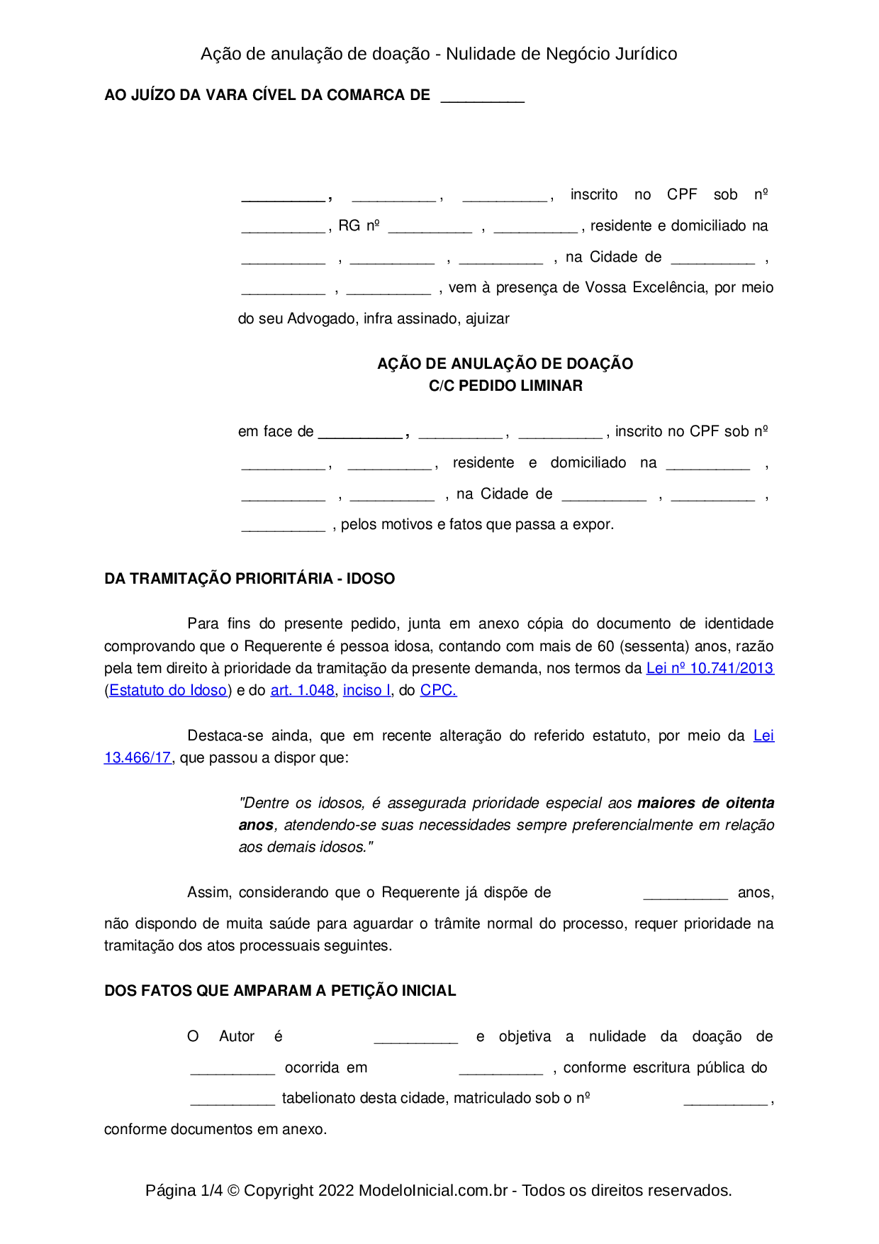 Modelo Ação de anulação de doação - Nulidade de Negócio Jurídico