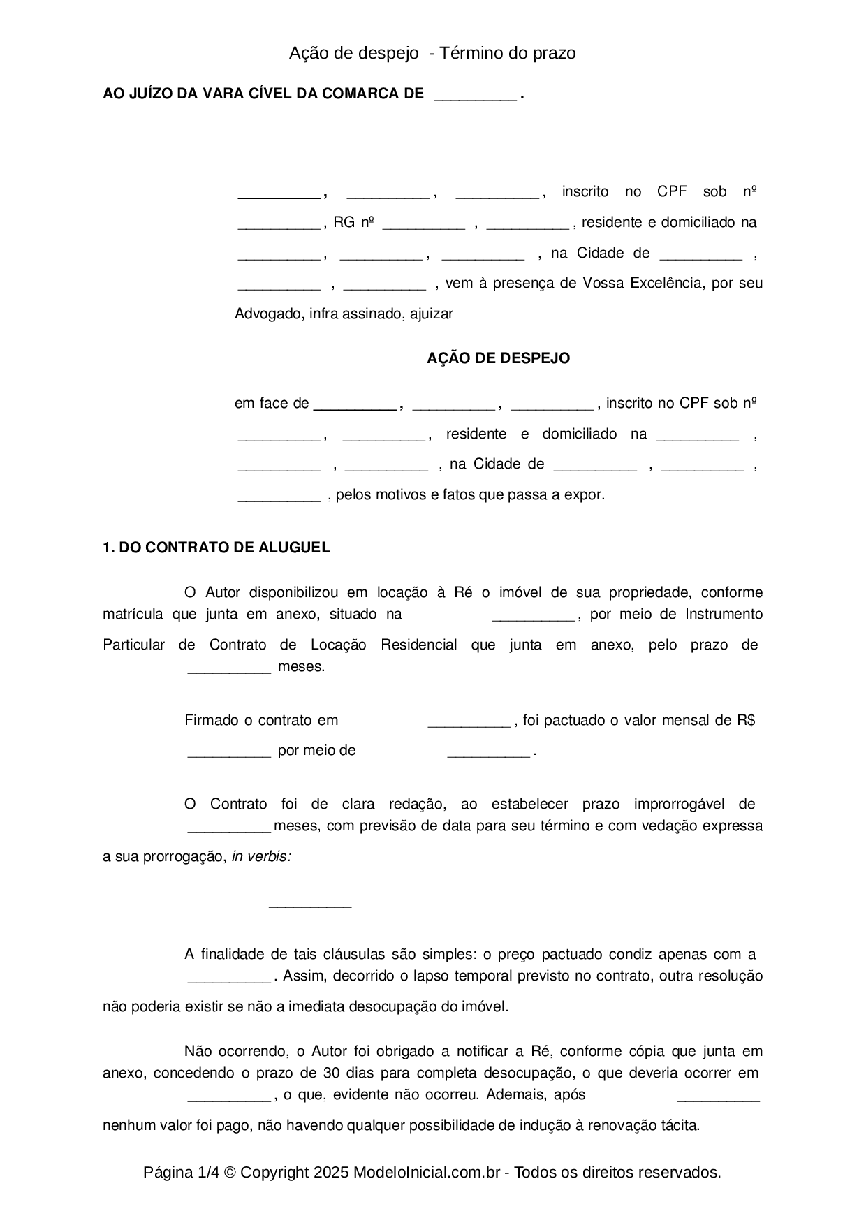 Modelo Ação de despejo e cobrança - Término do prazo 