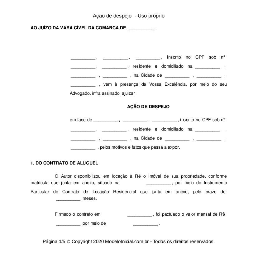 Modelo De Ação De Despejo Para Uso Próprio Vários Modelos 0553