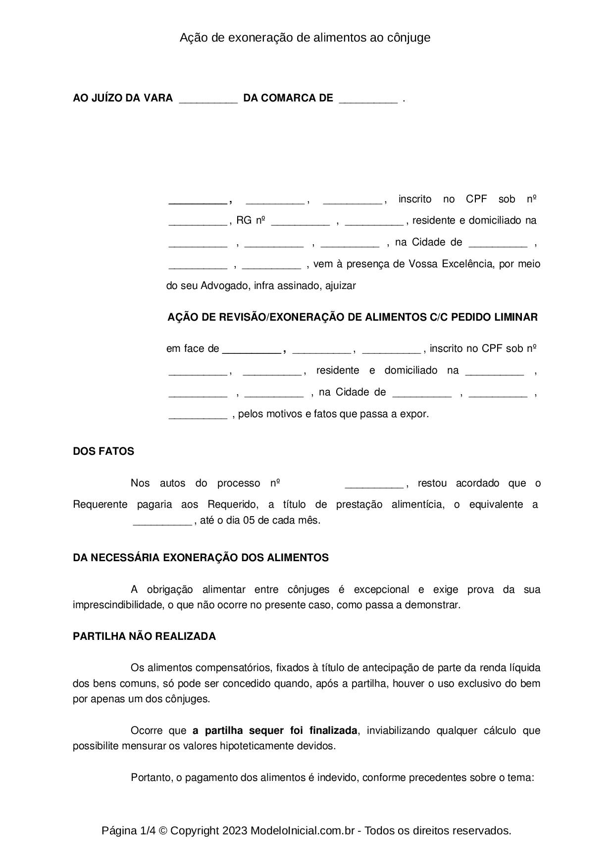 Modelo Ação de exoneração de alimentos ao cônjuge