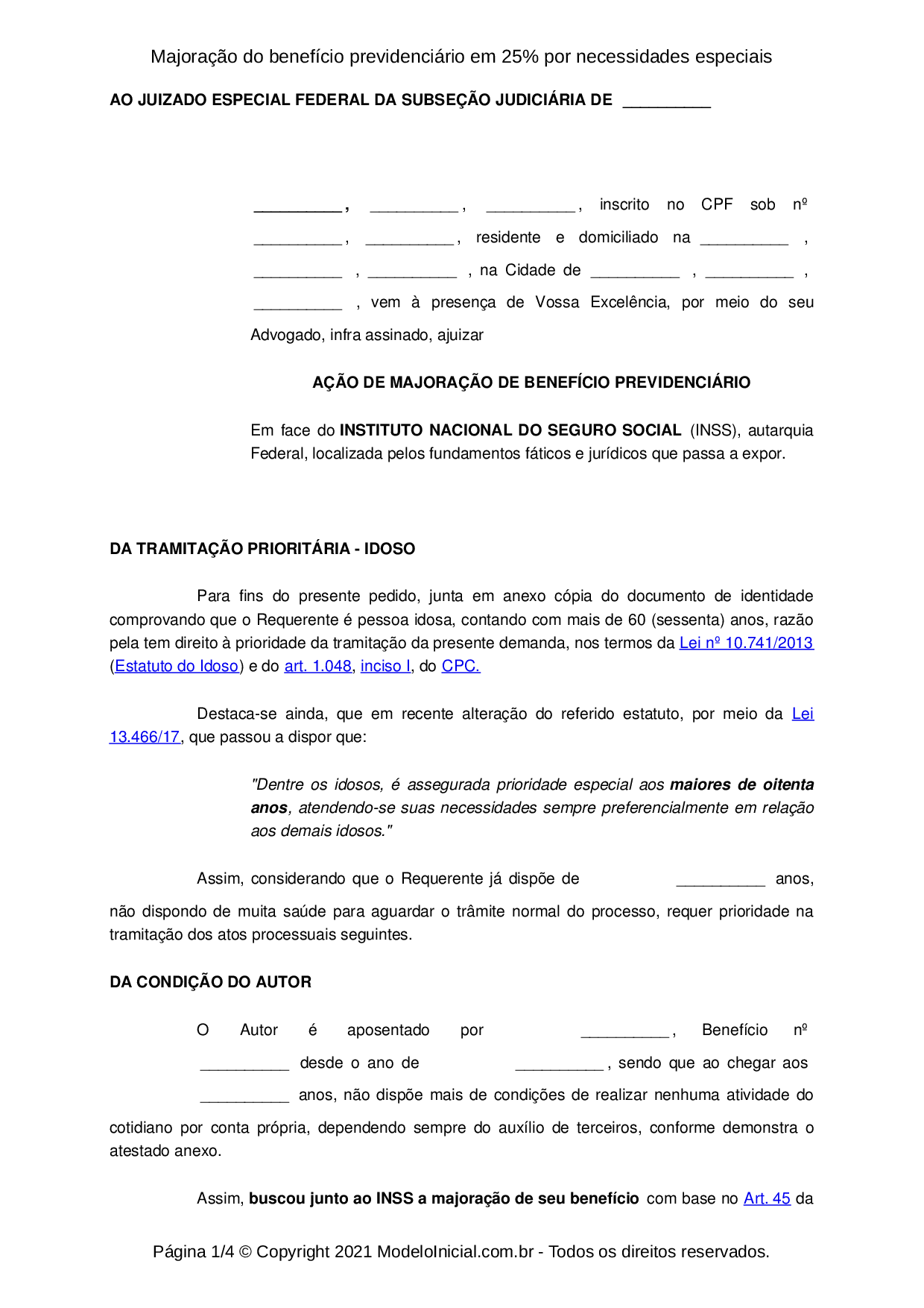 Modelo Ação de majoração do benefício previdenciário em 25 