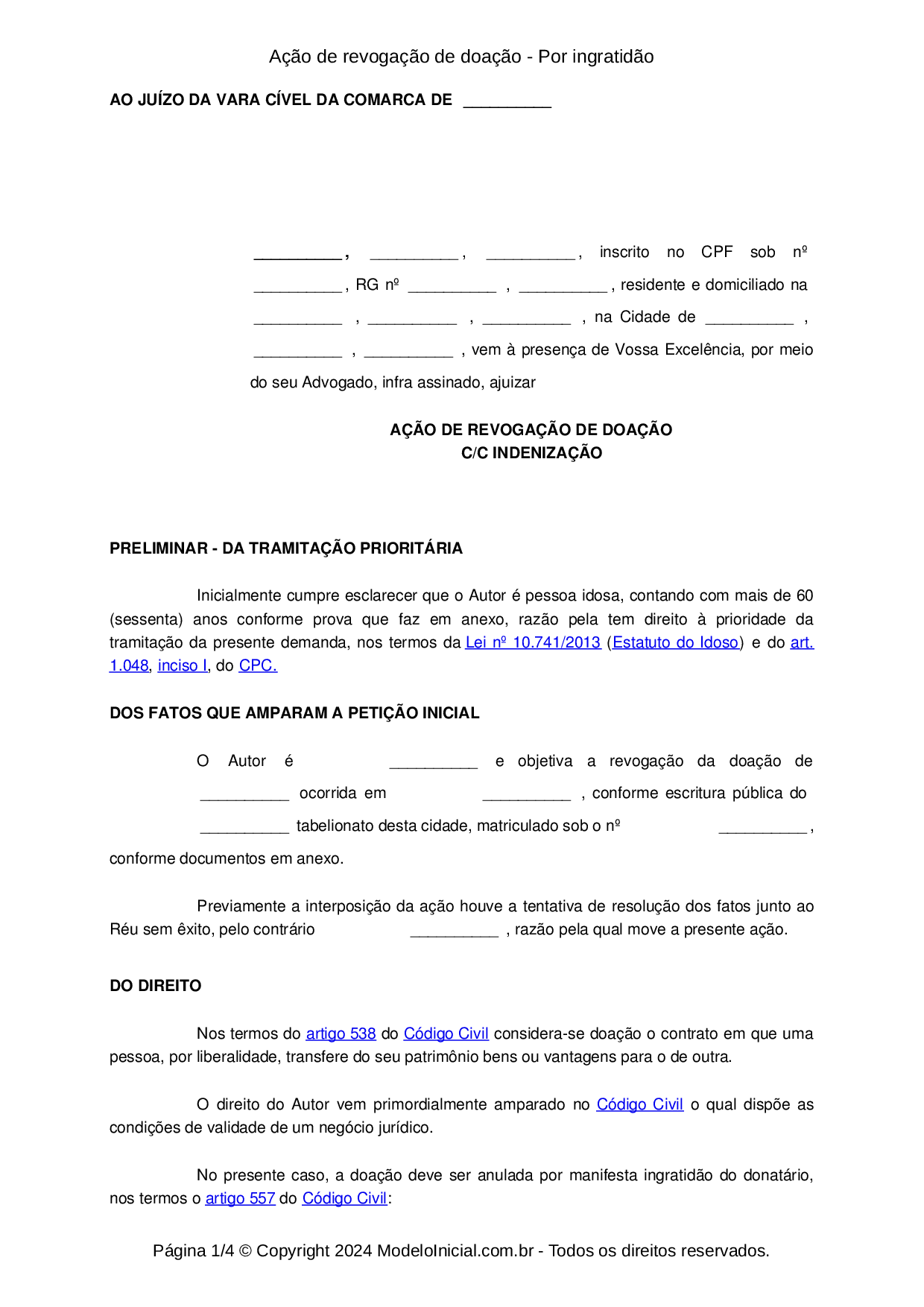 Modelo Ação de revogação de doação - Por ingratidão