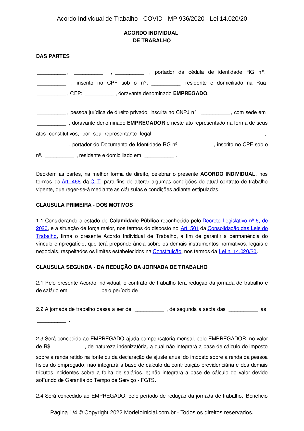 Modelo Acordo Individual De Trabalho - Coronavírus - MP 927/2020 E MP ...