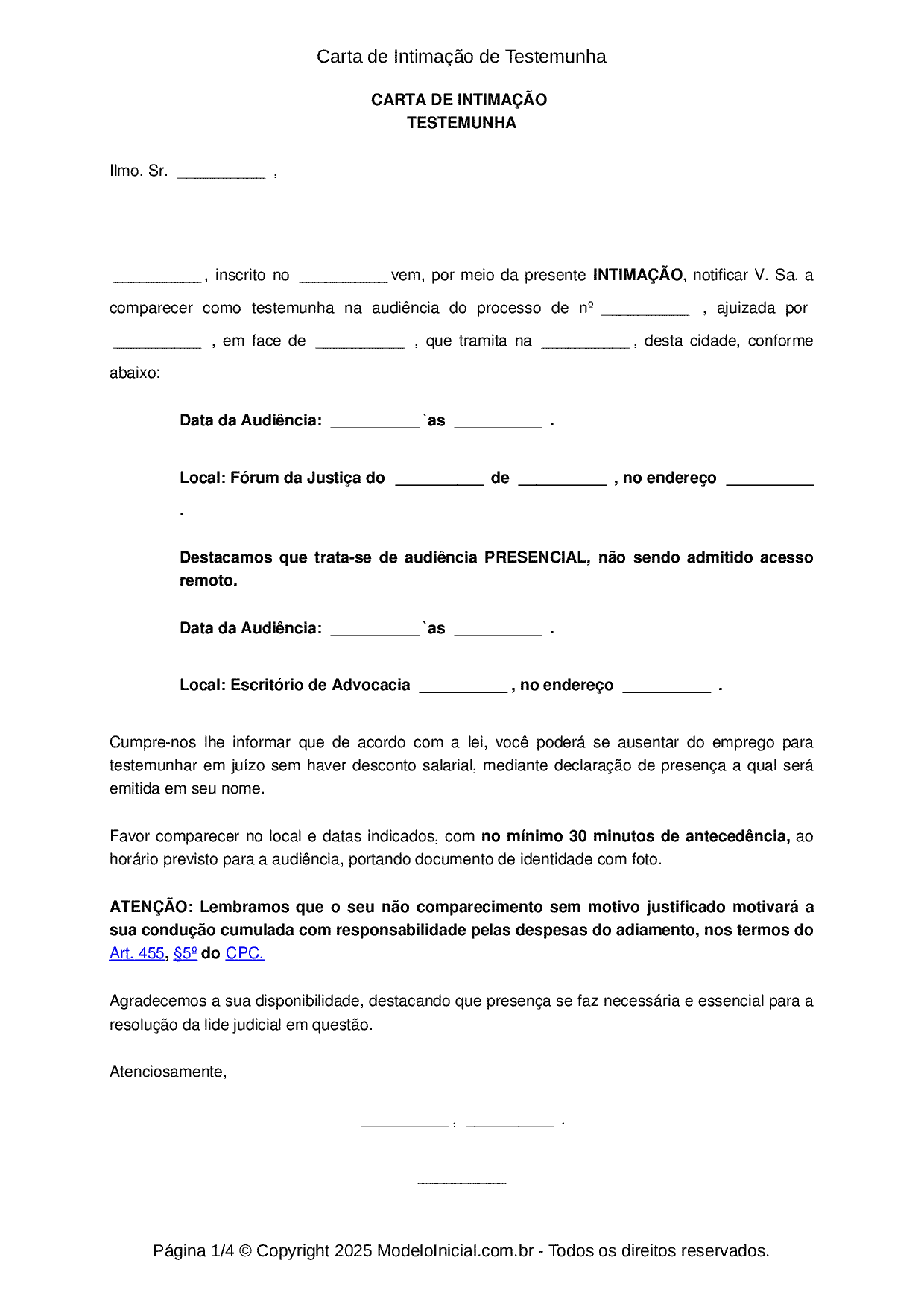 Modelo Carta de Intimação de testemunha