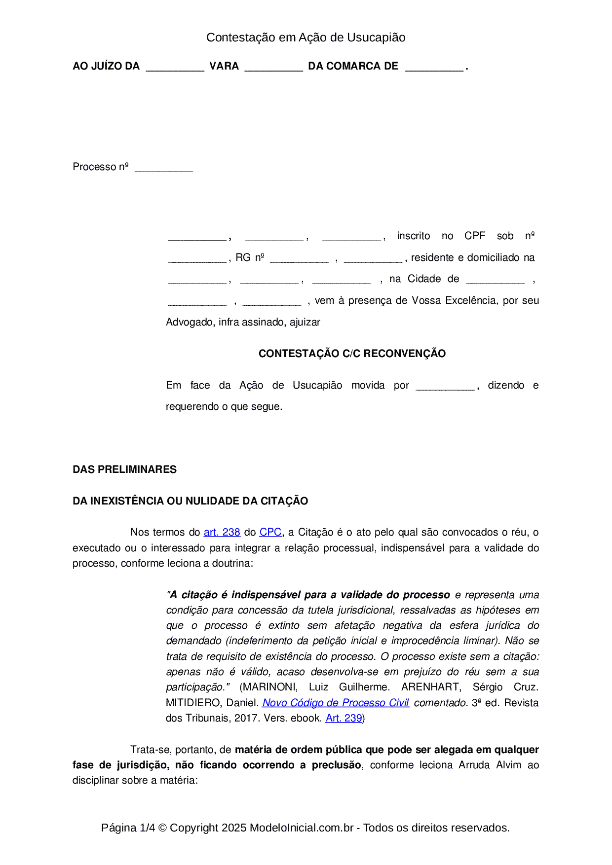 Modelo Contestação em ação de usucapião