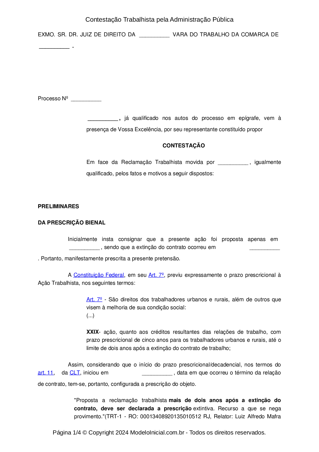 Modelo Contestação Trabalhista pela Administração Pública