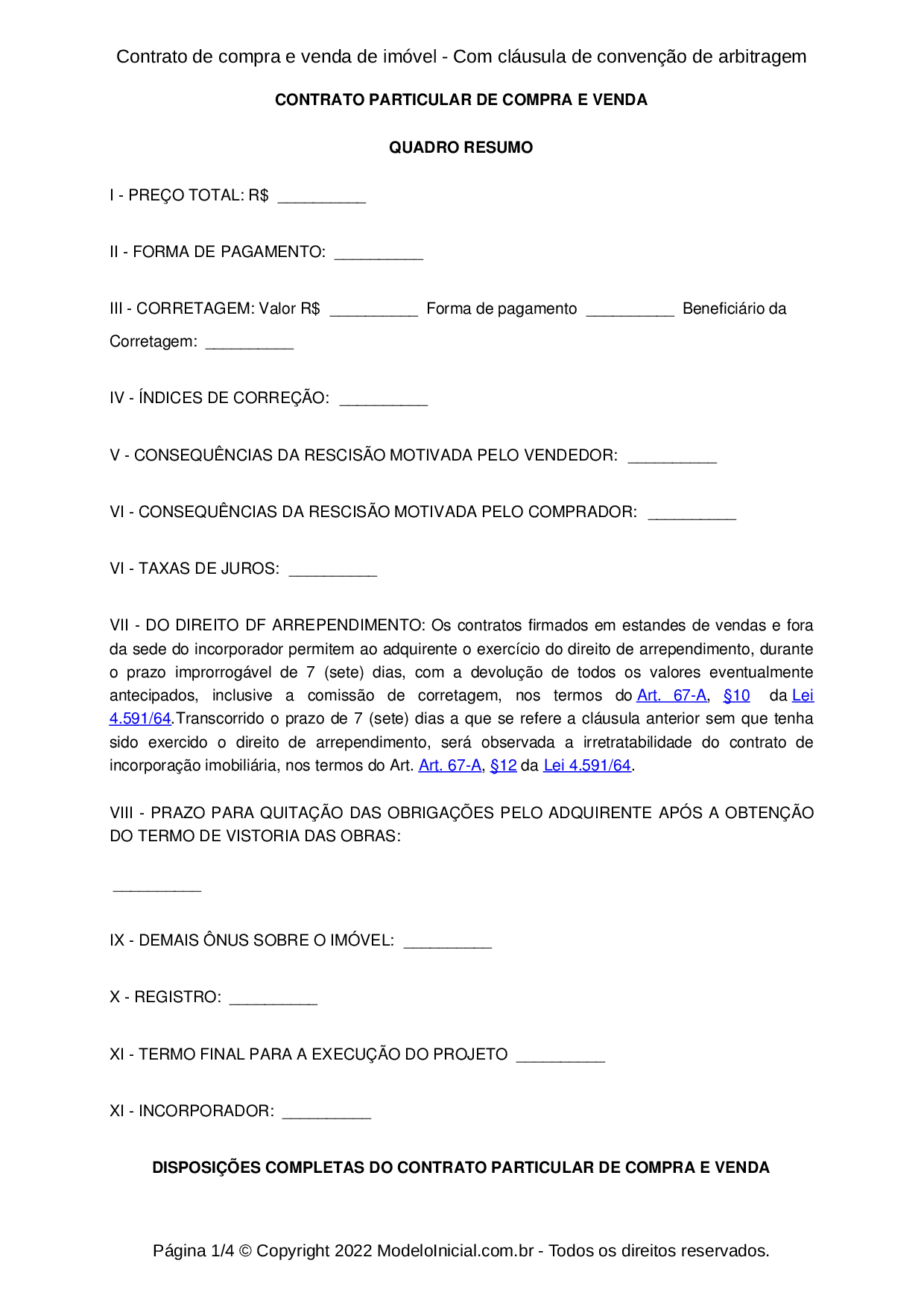 Modelo Contrato De Compra E Venda De Imóvel Com Cláusula De Convenção De Arbitragem 