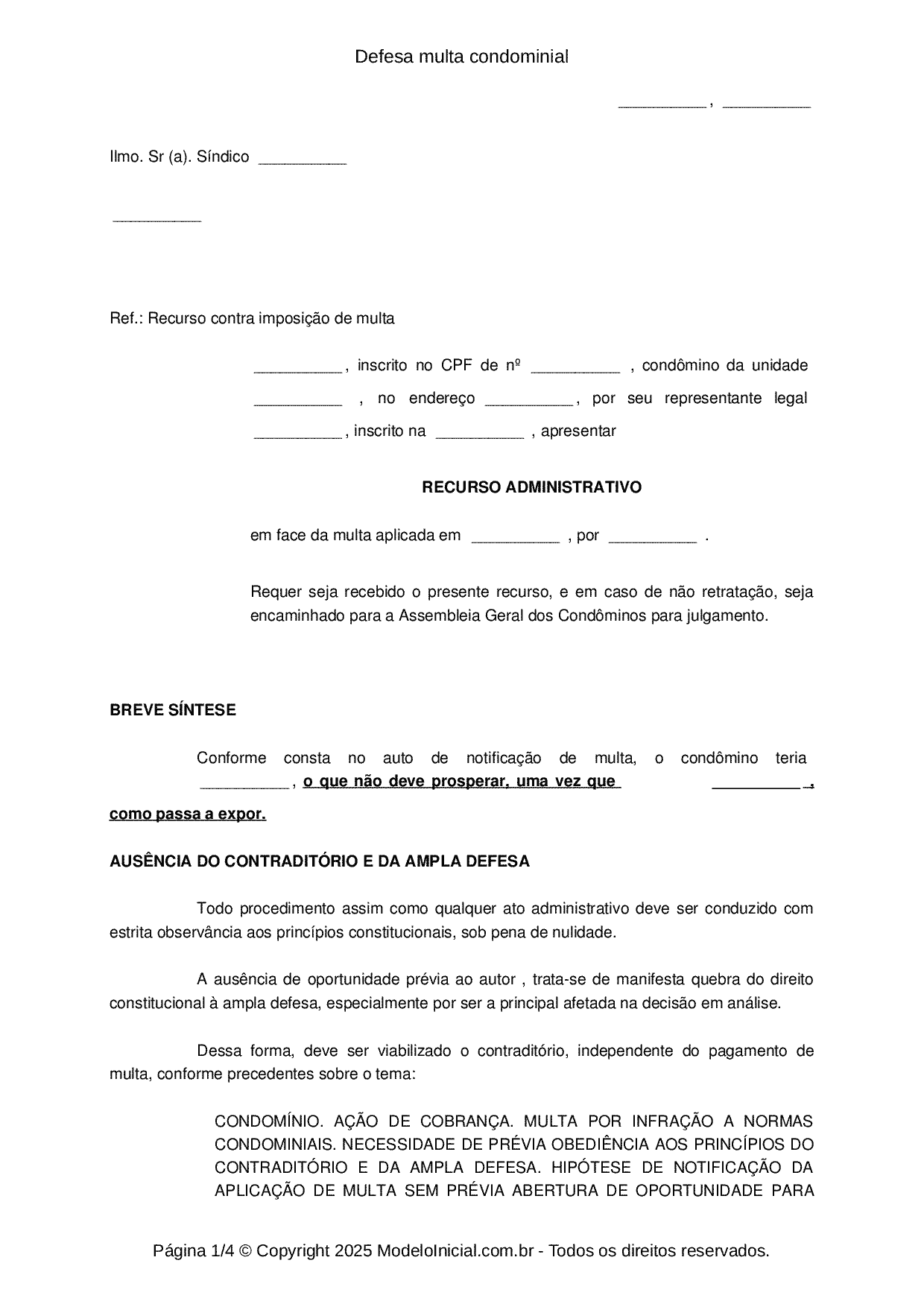 Modelo Defesa multa condominial