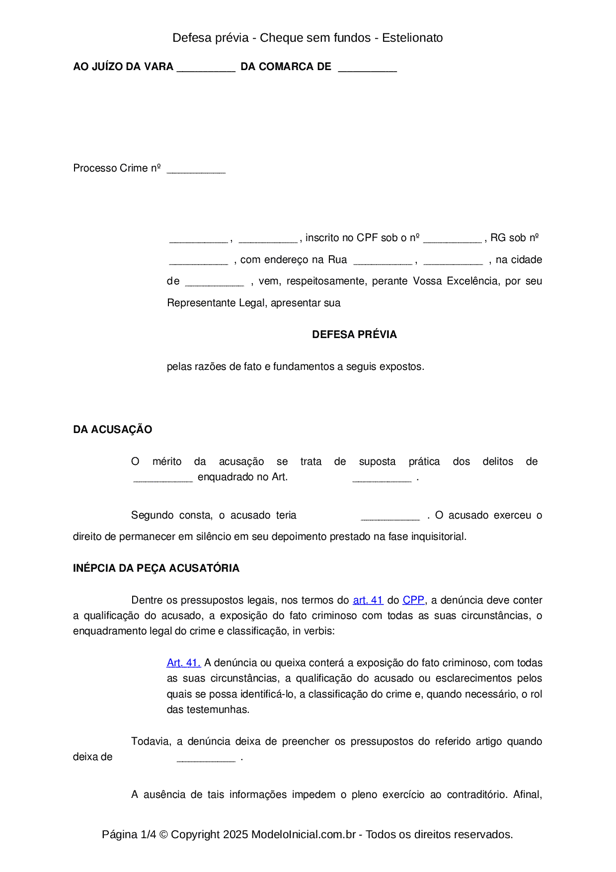 Modelo Defesa prévia penal - Cheque sem fundos - Estelionato