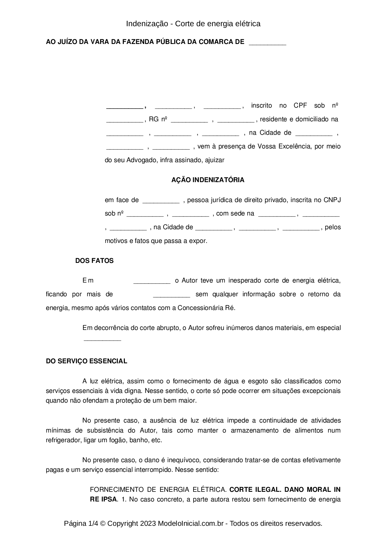 Modelo Indenização - Corte de energia elétrica