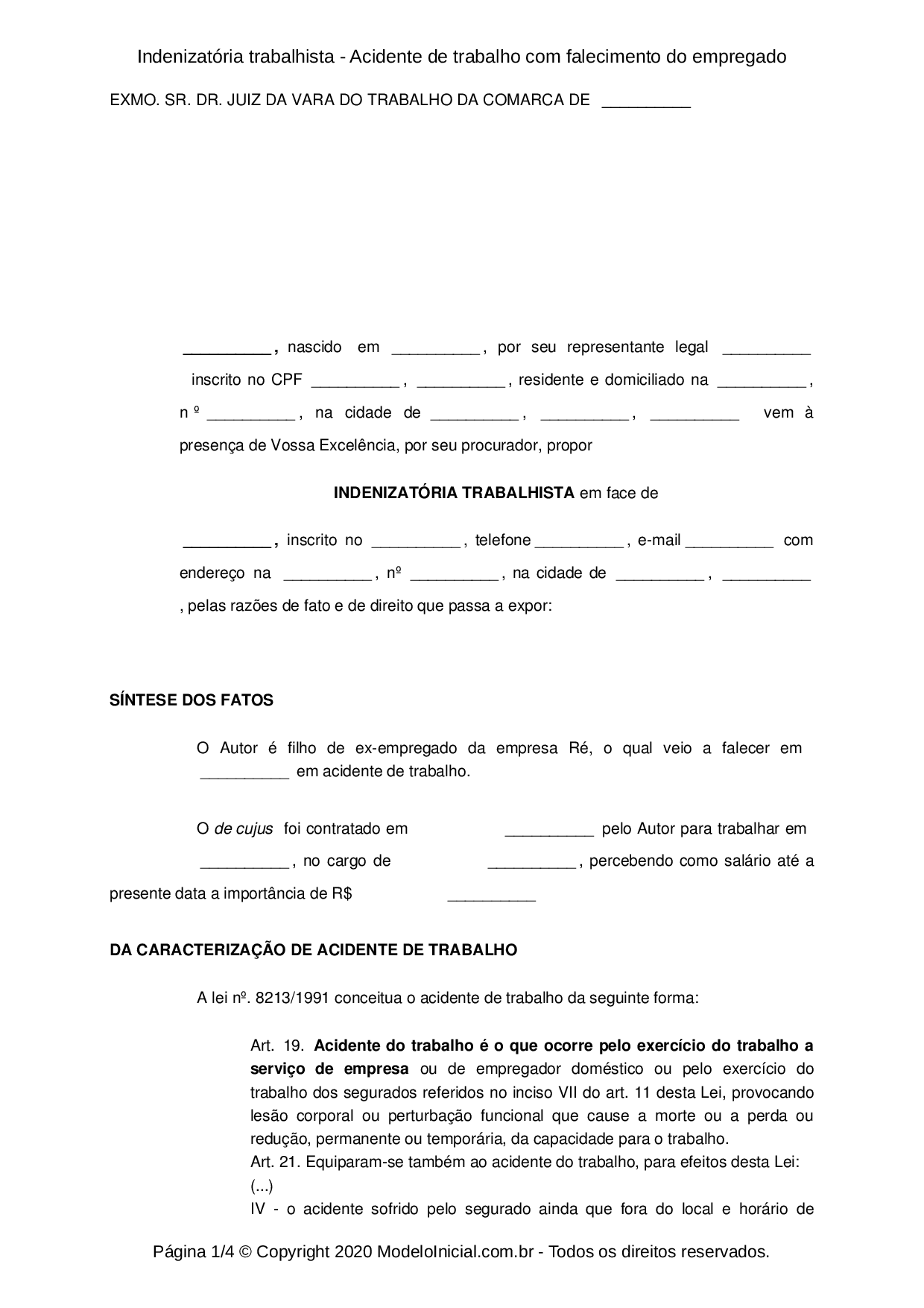 Modelo Indenizatória trabalhista - Acidente de trabalho 