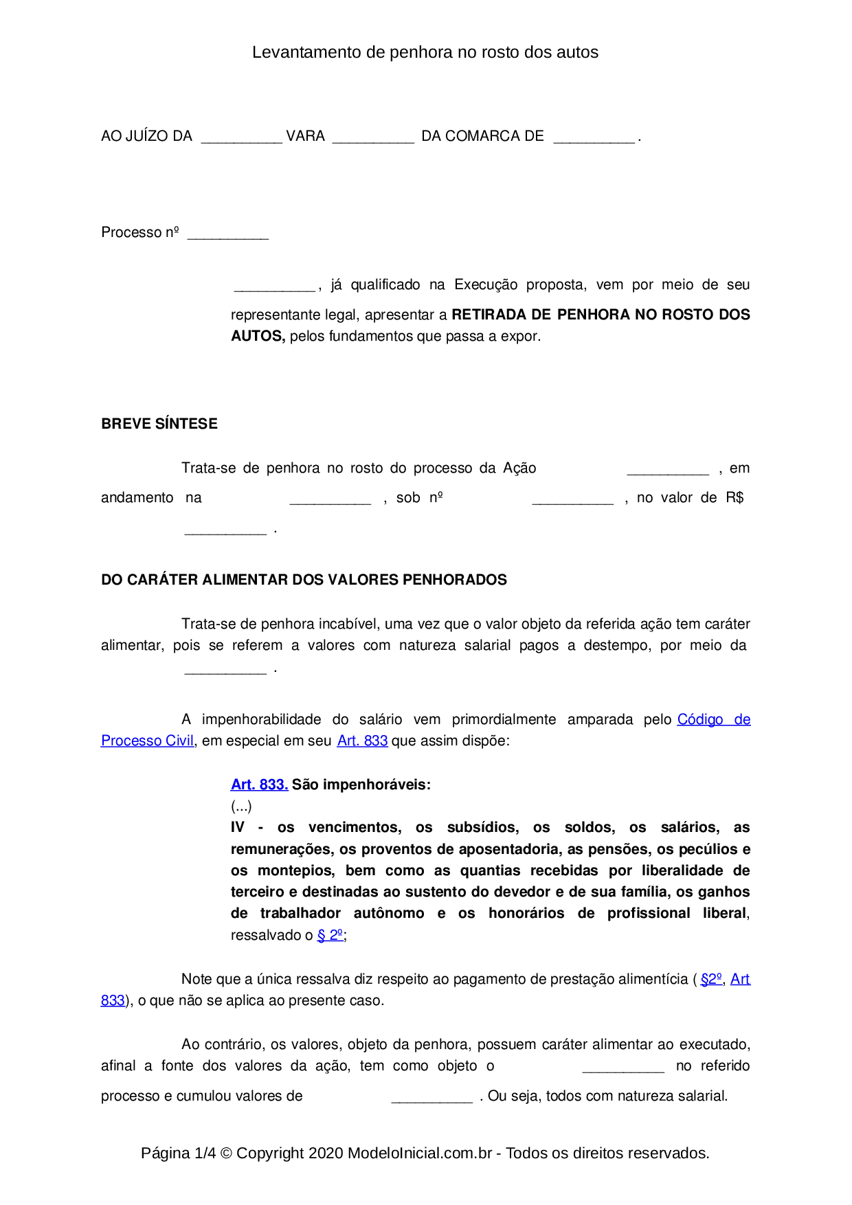 Modelo Levantamento De Penhora No Rosto Dos Autos