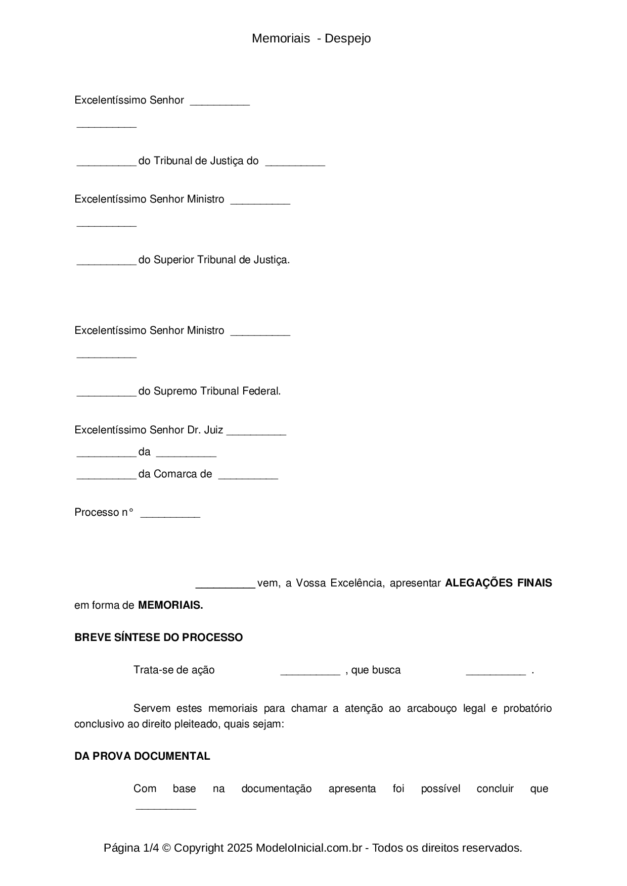 Modelo Memoriais Alegações finais Despejo