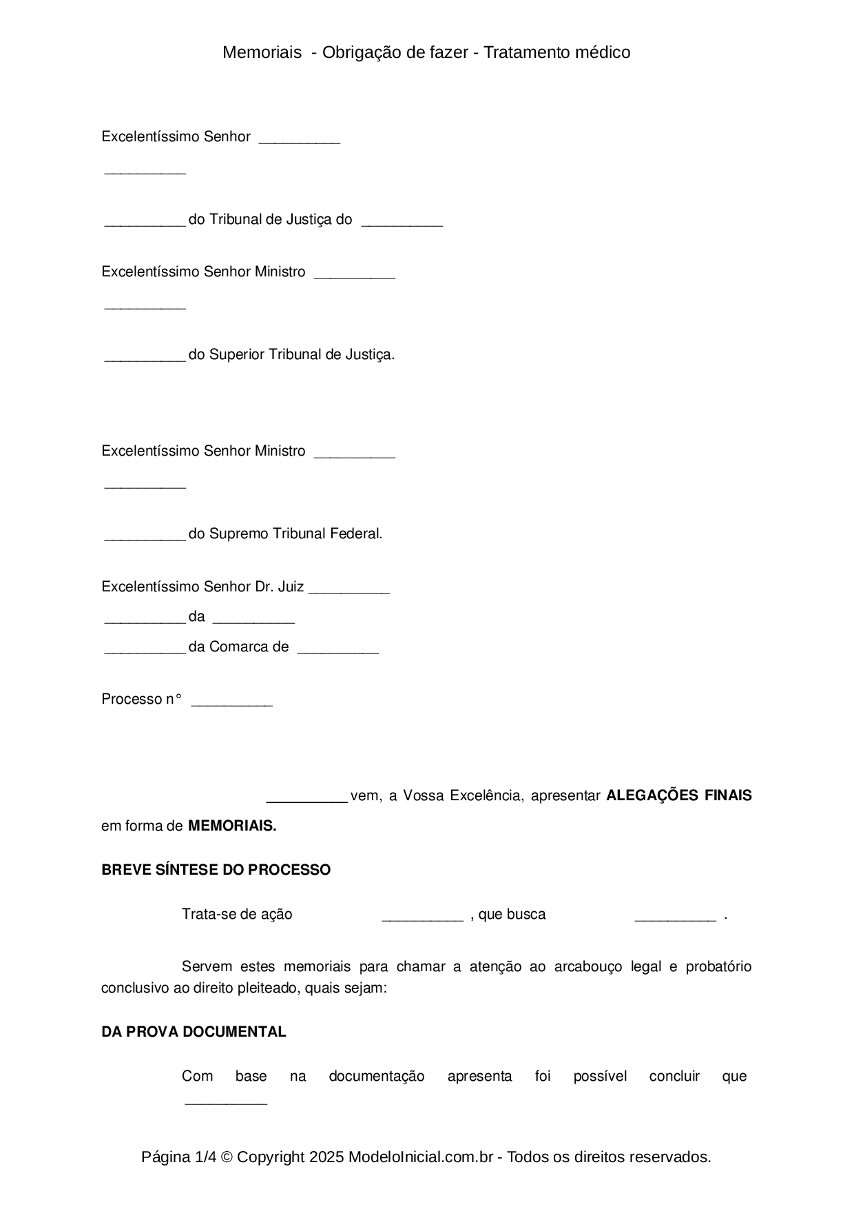 Modelo memoriais obriga o de fazer tratamento m dico