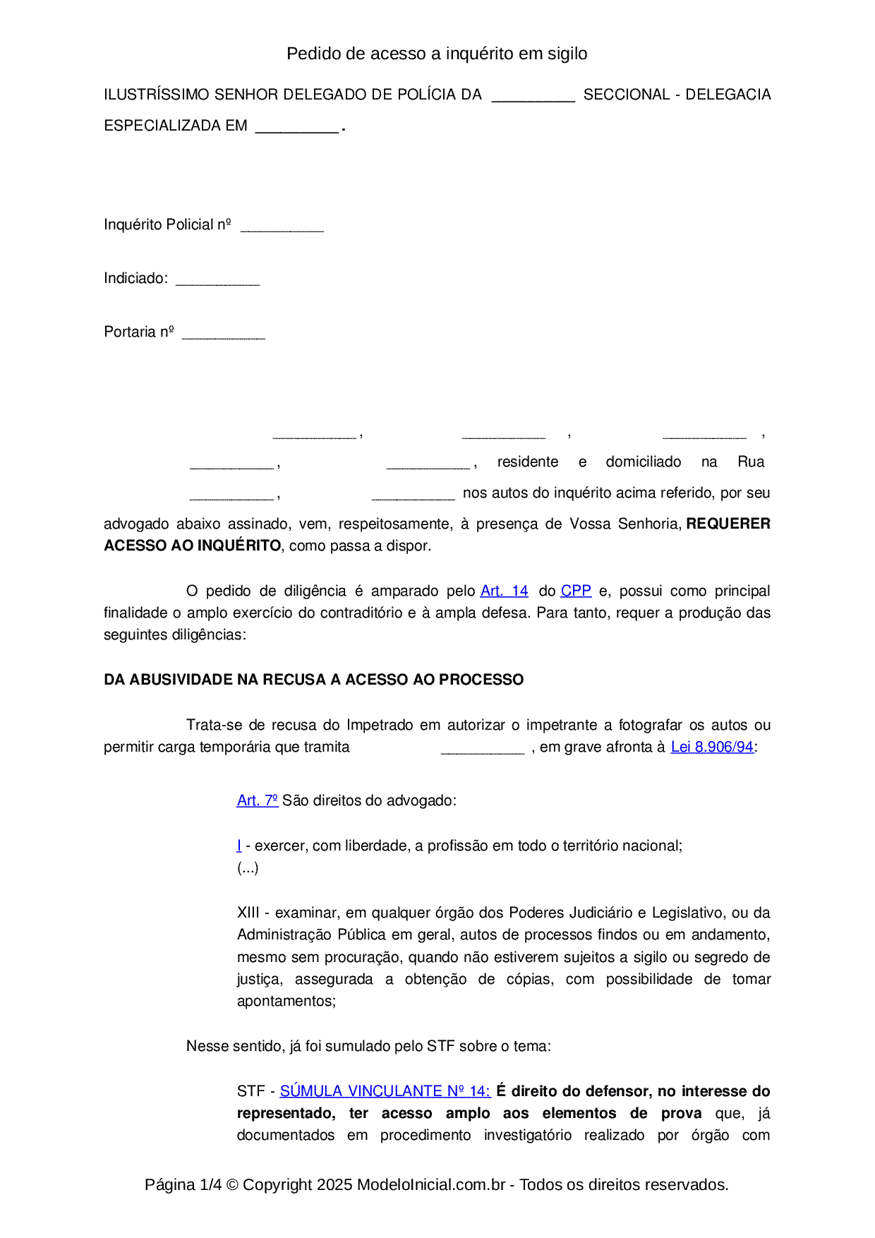 Modelo Pedido de acesso a inquérito em sigilo