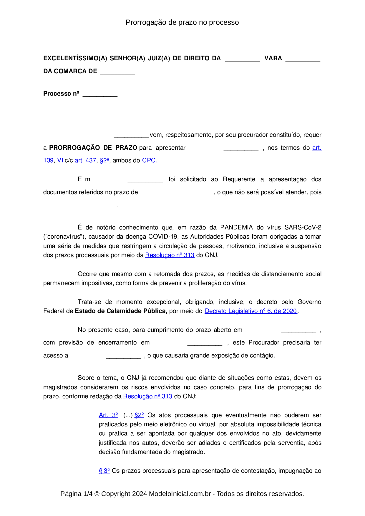 Modelo Pedido de prorrogação de prazo no processo