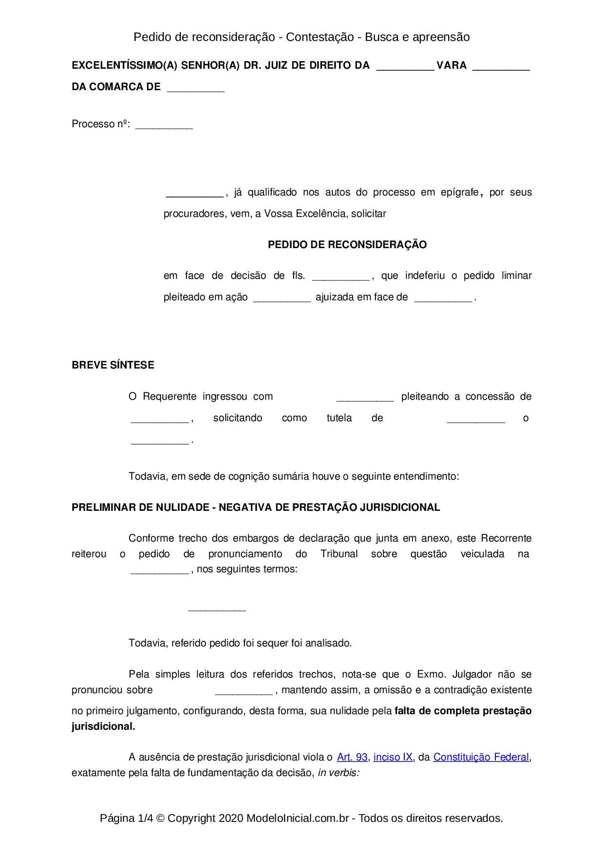 Modelo Pedido De Reconsideração Contestação Busca E Apreensão 1099