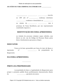 Modelo Pedido de restituição de coisa apreendida