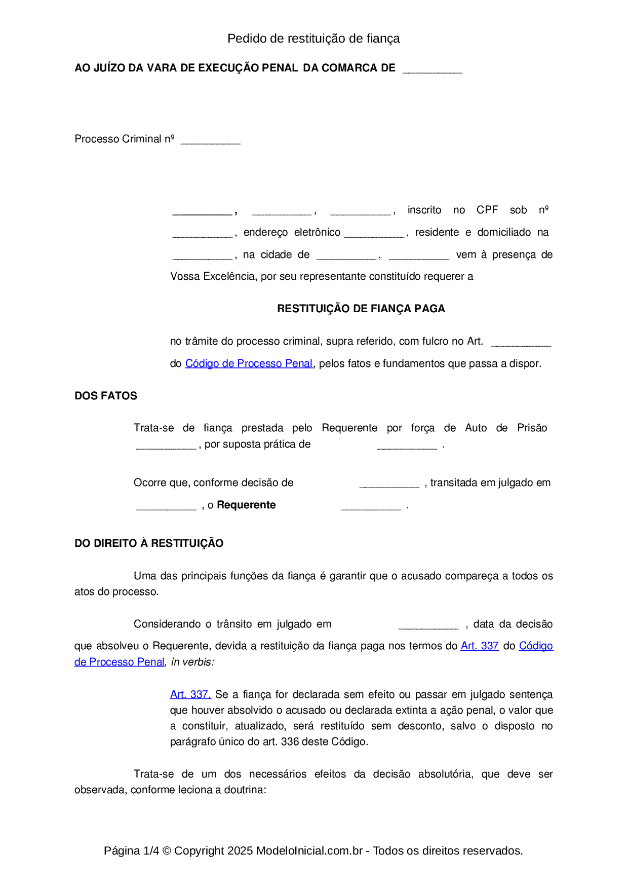 Modelo Pedido De Restituição De Fiança 0228