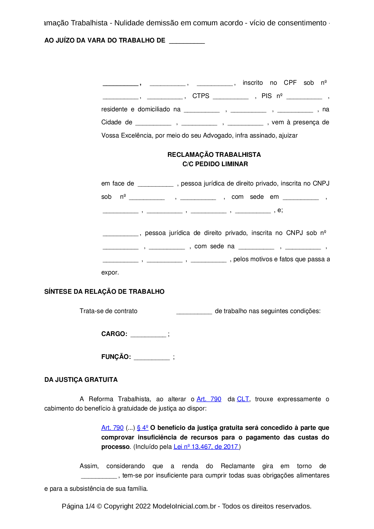 Modelo Reclamação Trabalhista - Nulidade demissão em comum 