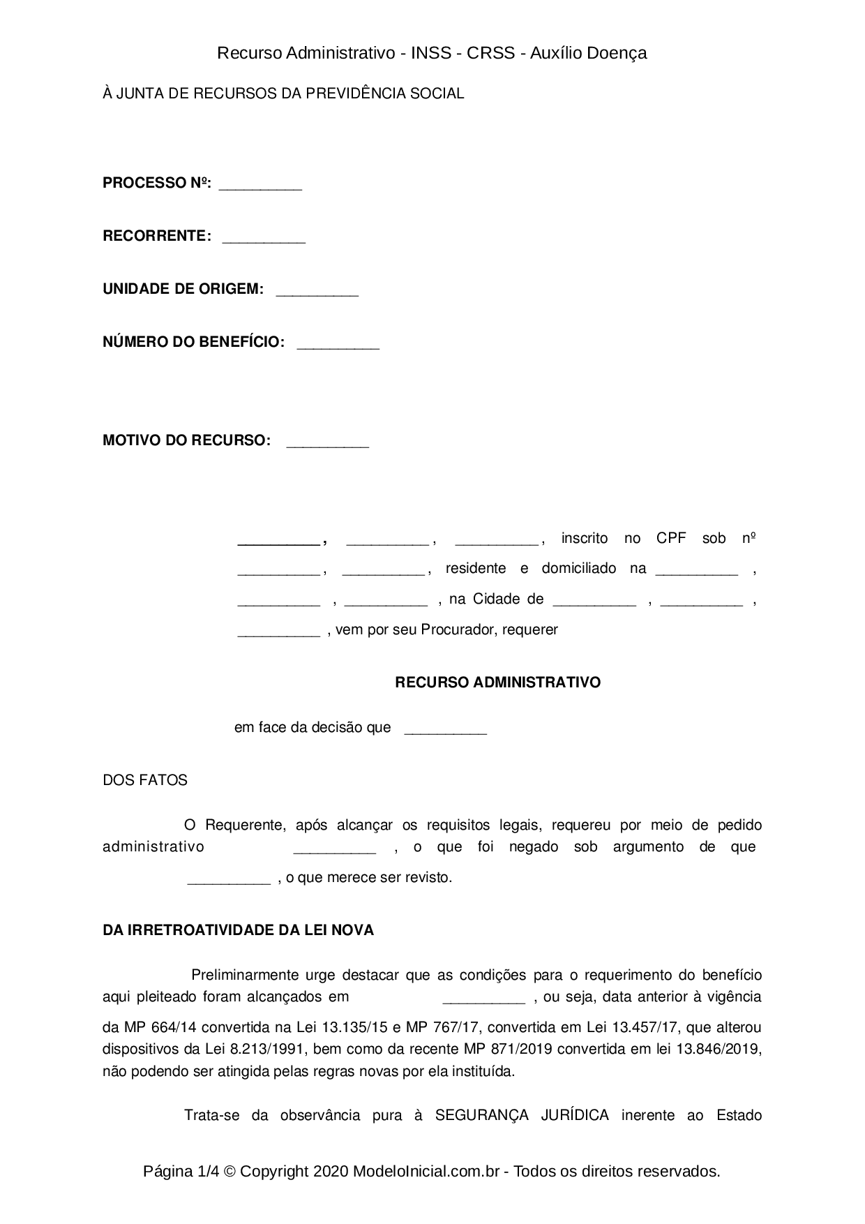 Modelo Recurso Administrativo Inss Crss Aux Lio Doen A