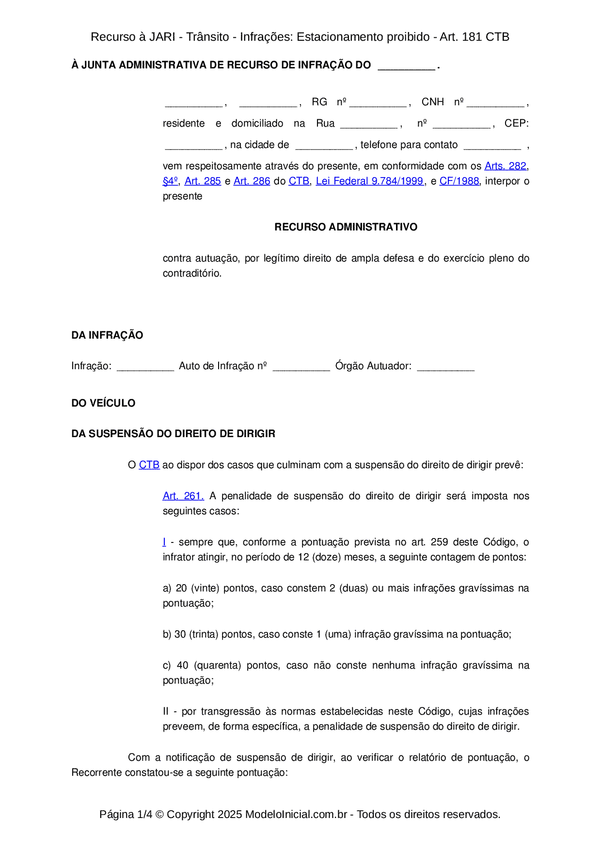 Modelo Recurso Multa de trânsito Estacionamento proibido Art. 181 CTB