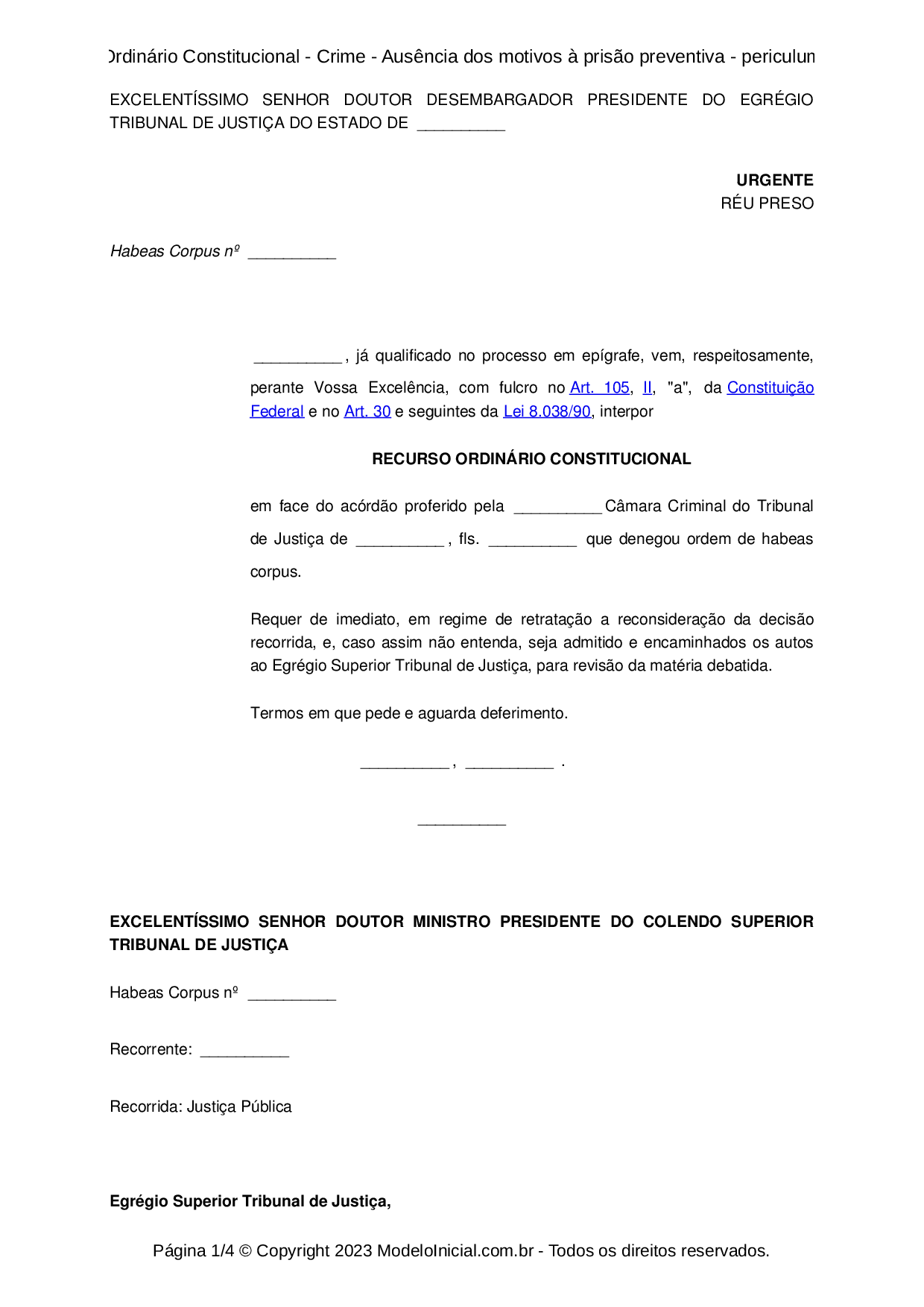 Modelo Recurso Ordinário Constitucional - Crime - Ausência Dos Motivos ...