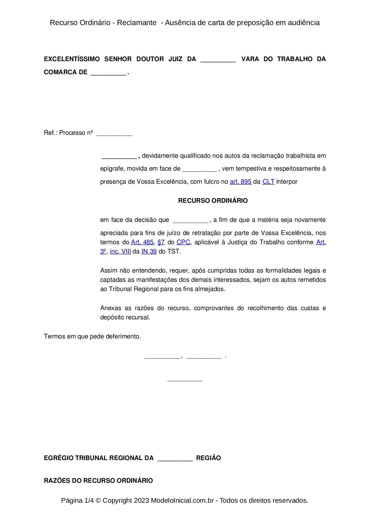 Modelo Recurso Ordinário Reclamante Ausência De Carta De Preposição