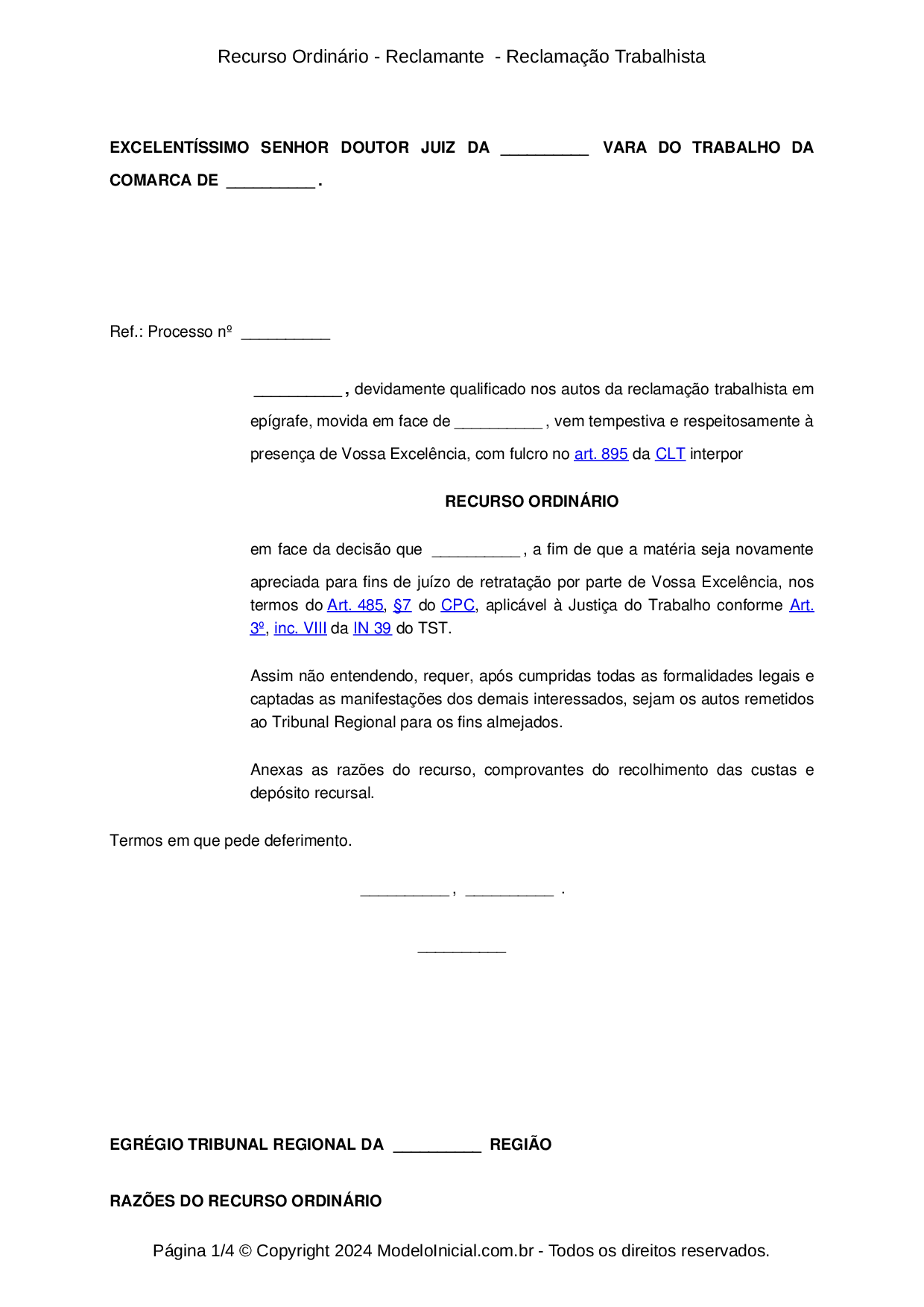 Modelo Recurso Ordinário- Reclamante - Reclamação Trabalhista