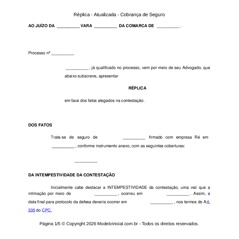 Modelo De Ação De Indenização Contra Seguradora - Vários Modelos