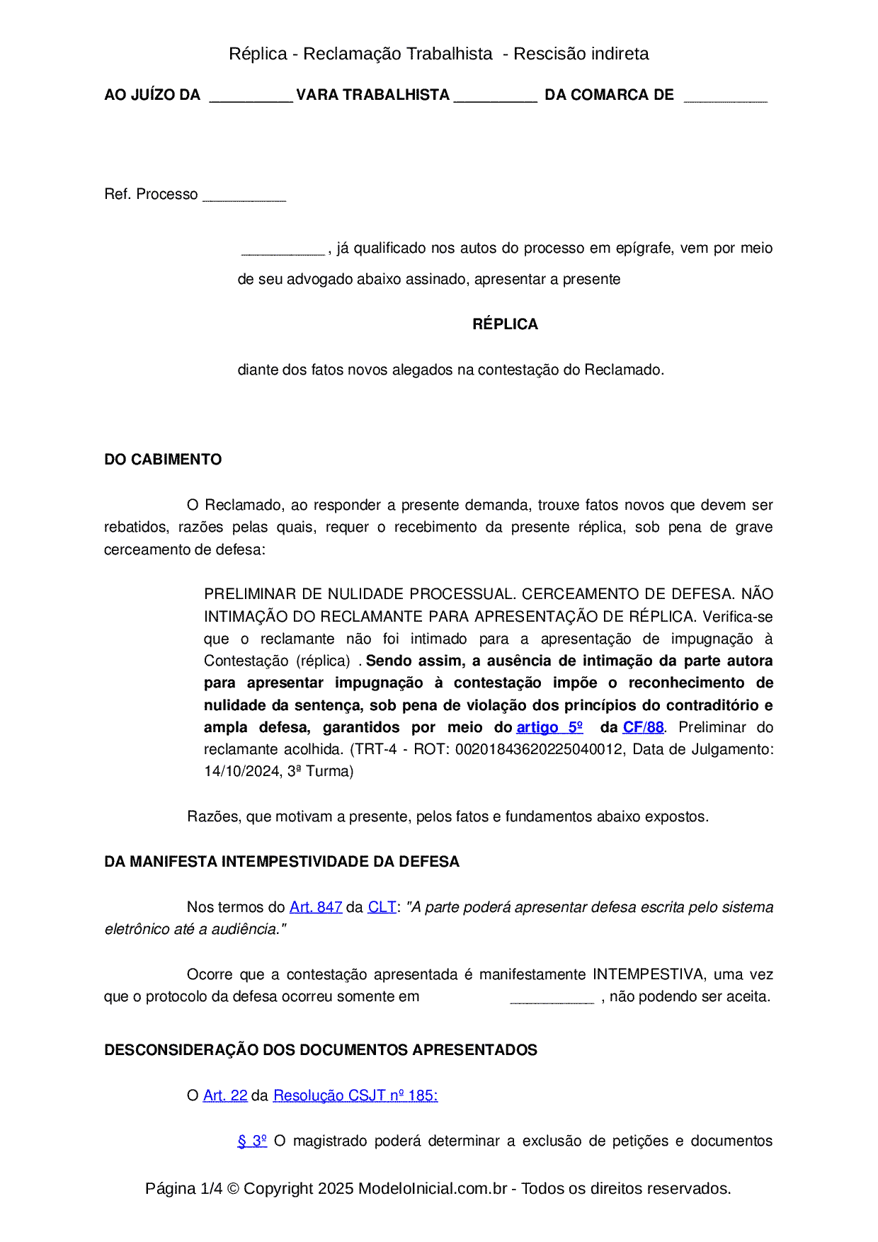 Modelo Réplica  Reclamação Trabalhista  Rescisão indireta