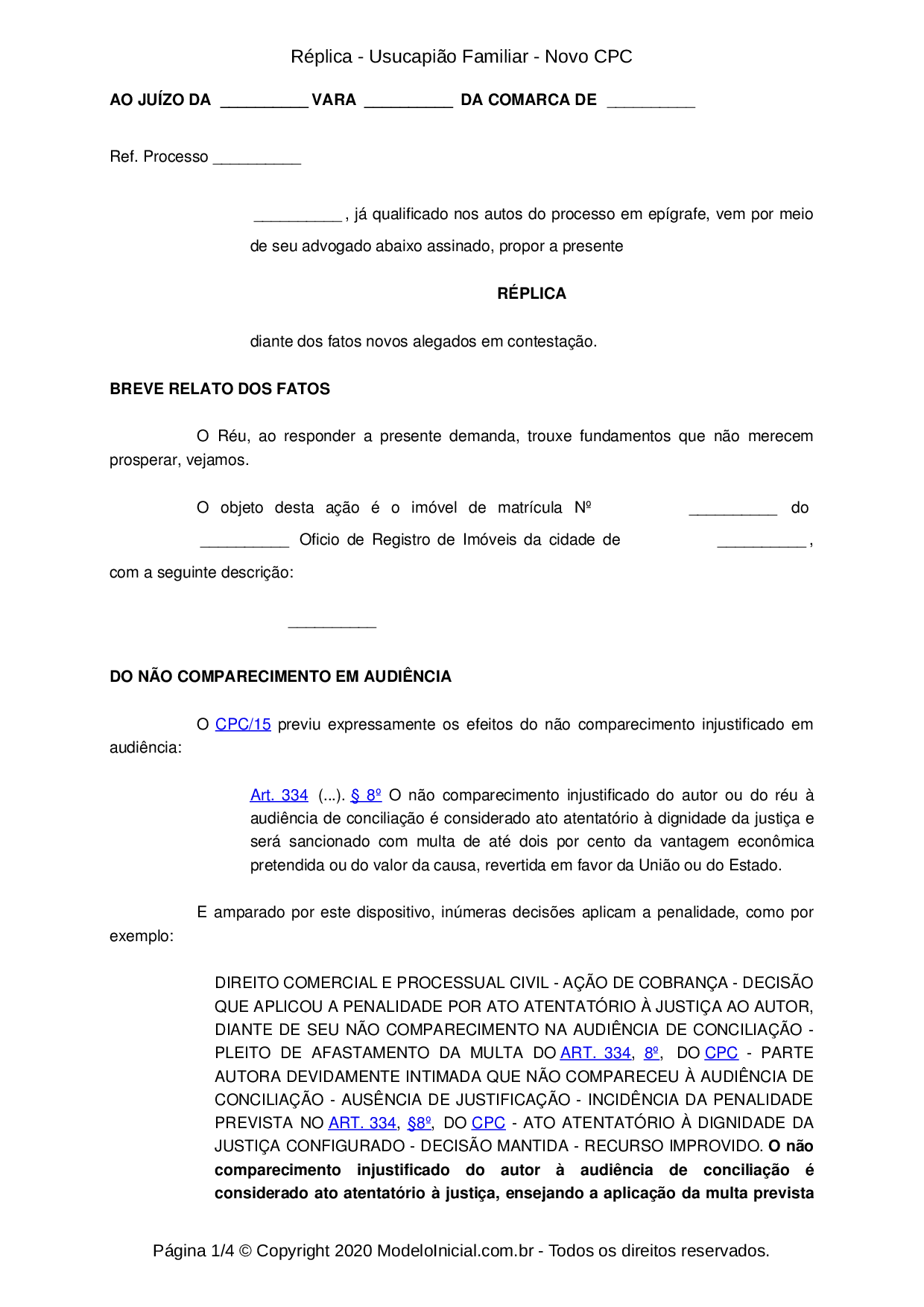 Modelo Réplica - Usucapião Familiar - Novo CPC