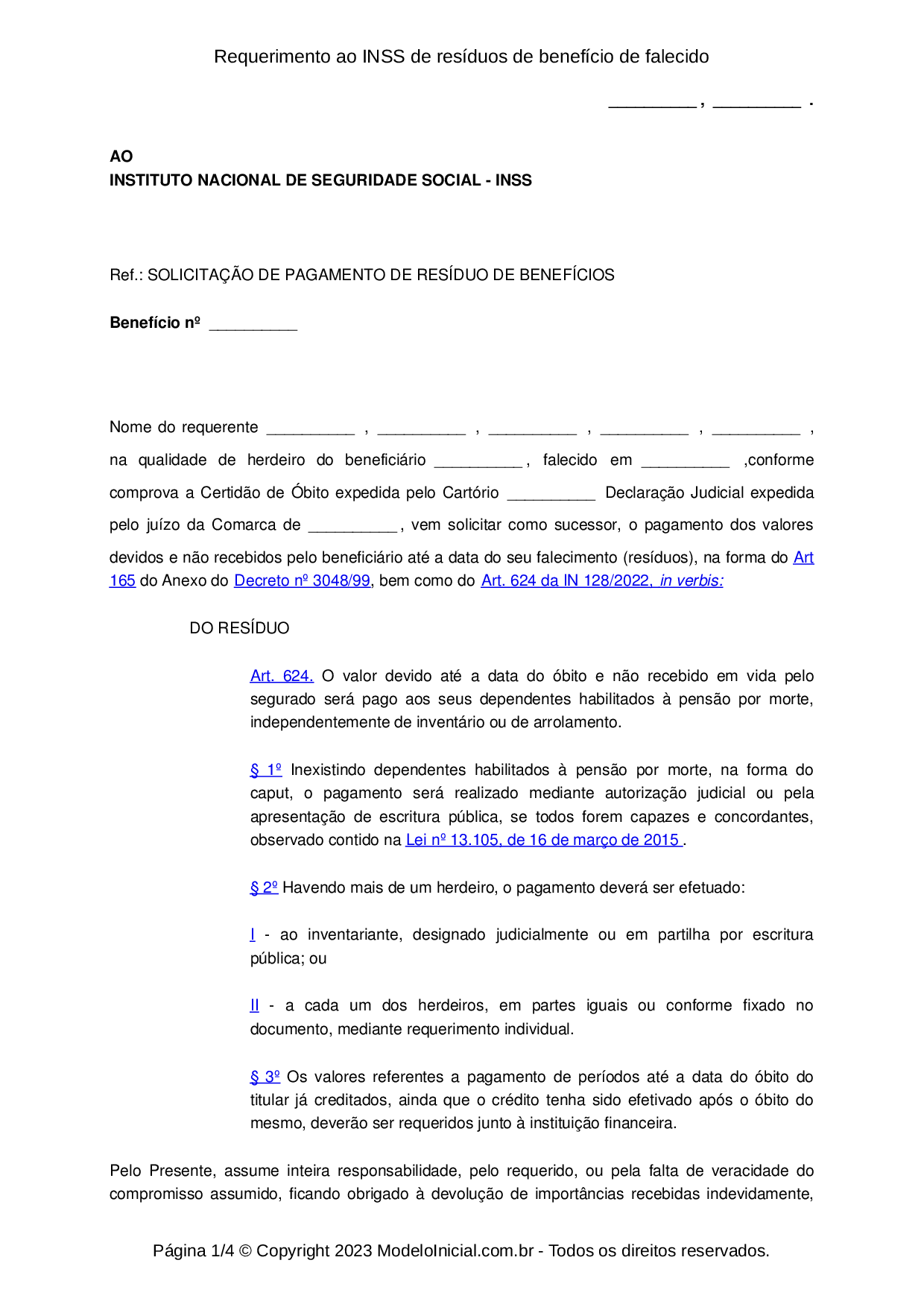 Modelo Requerimento ao INSS de resíduos de benefício de 